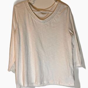 Talbots Top L  Beaded V Neck 3/4 Sleeve White 100% Cotton Fairycore Cottagecore
